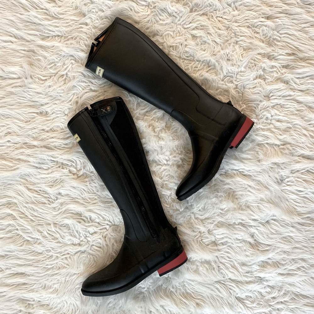 Hunter Black Tall Rain Boots with Red Heel Accent